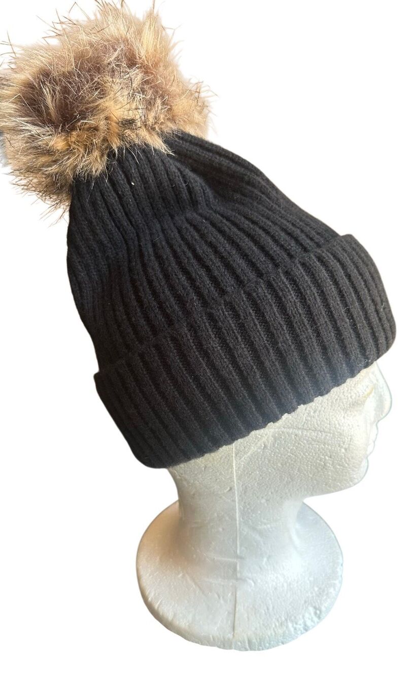 lucky brand black Knit beanie hat Fur Pom Pom - Picture 2 of 14